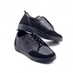 Sneakers kids - Simili Cuir - Nubuck - Lacets - Noir