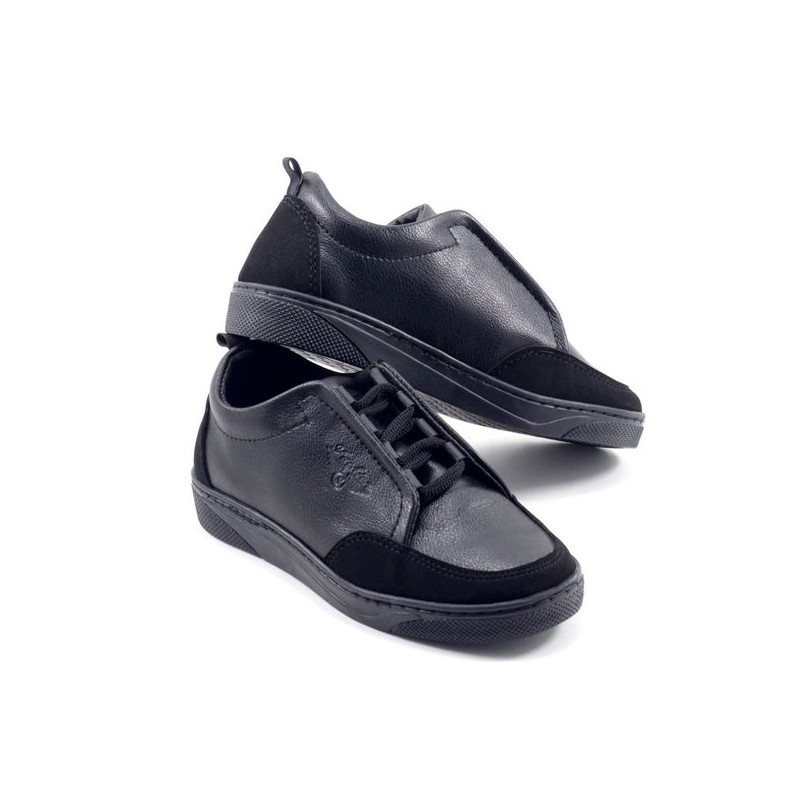 Sneakers kids - Simili Cuir - Nubuck - Lacets - Noir