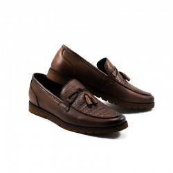 Mocassin-Cuir-Lisse-Croco-Fanfouna- Marron Mat