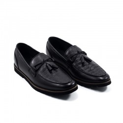 Mocassin-Cuir-Lisse-Croco-Fanfouna- Noir Mat