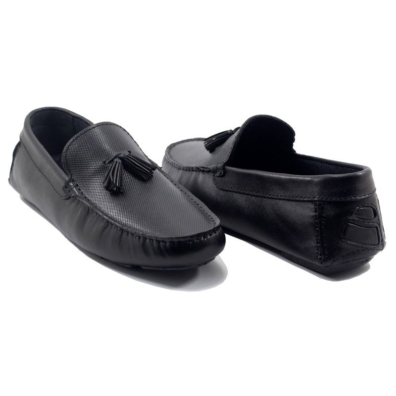 Mocassin Noir - Pour Homme - Cuir – Perforé - Fanfouna